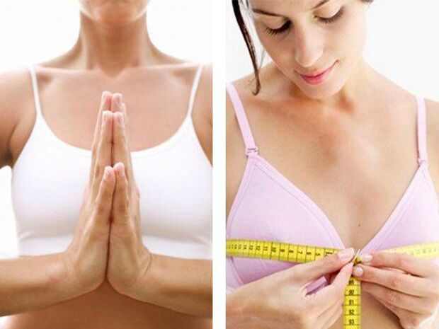 A girl measures the volume of her breasts after the exercise.